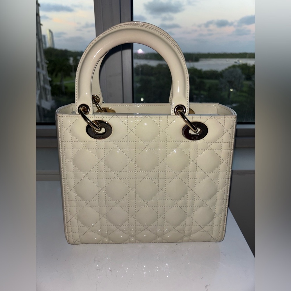 Authentic Christian Lady Dior White Handbag with Christian Dior blue Twilly - Picture 8 of 10